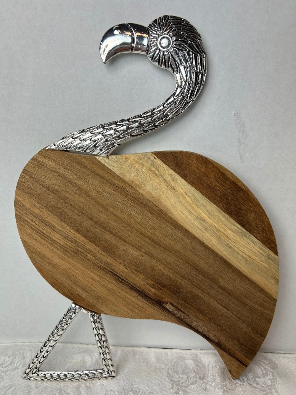 Oak & Olive Flamingo Wood Metal Silver Engraved Cutting Cheese Board tropical